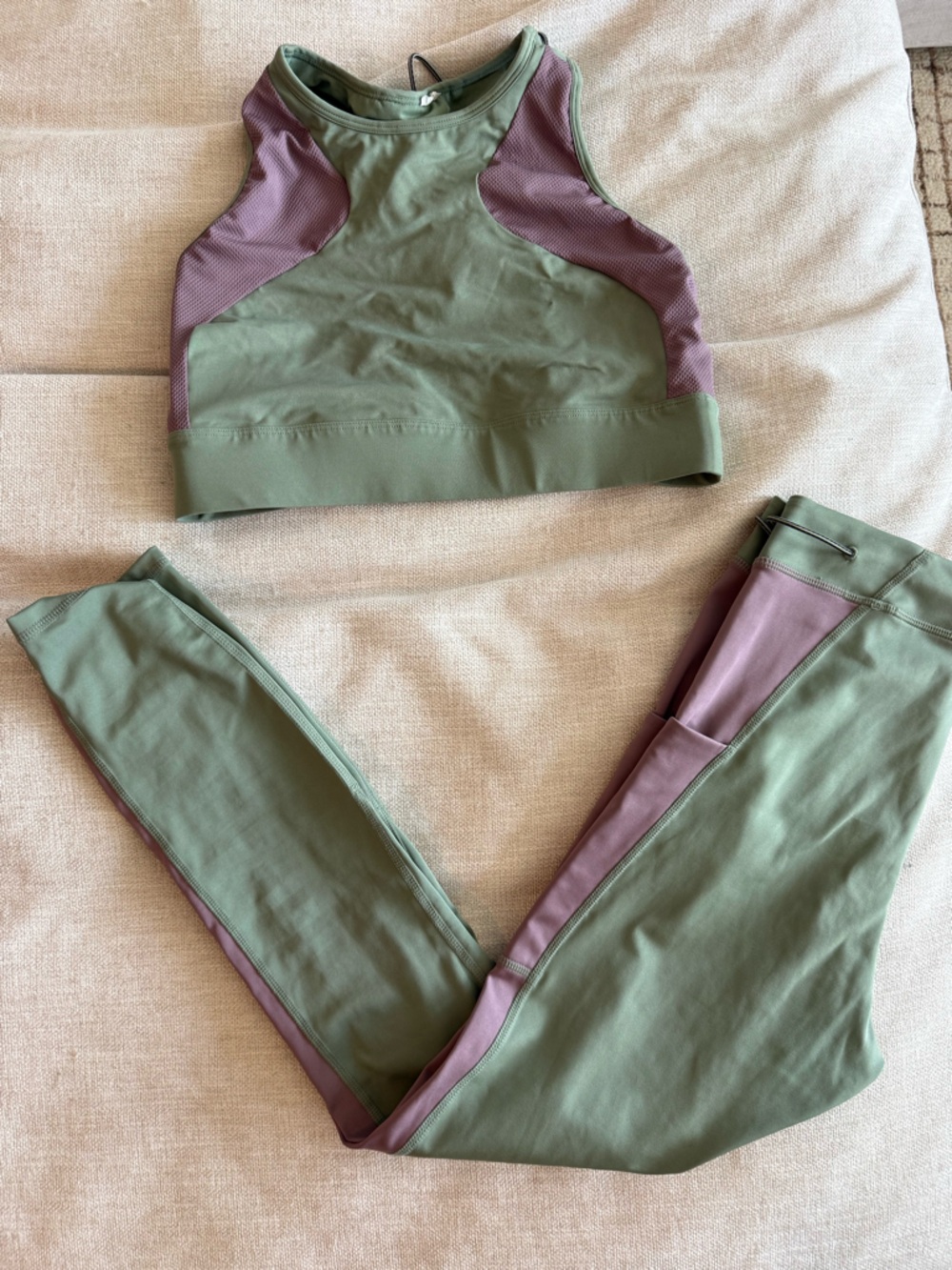 Fabletics Two-Piece Active Set in Sage Green with Mauve Accents